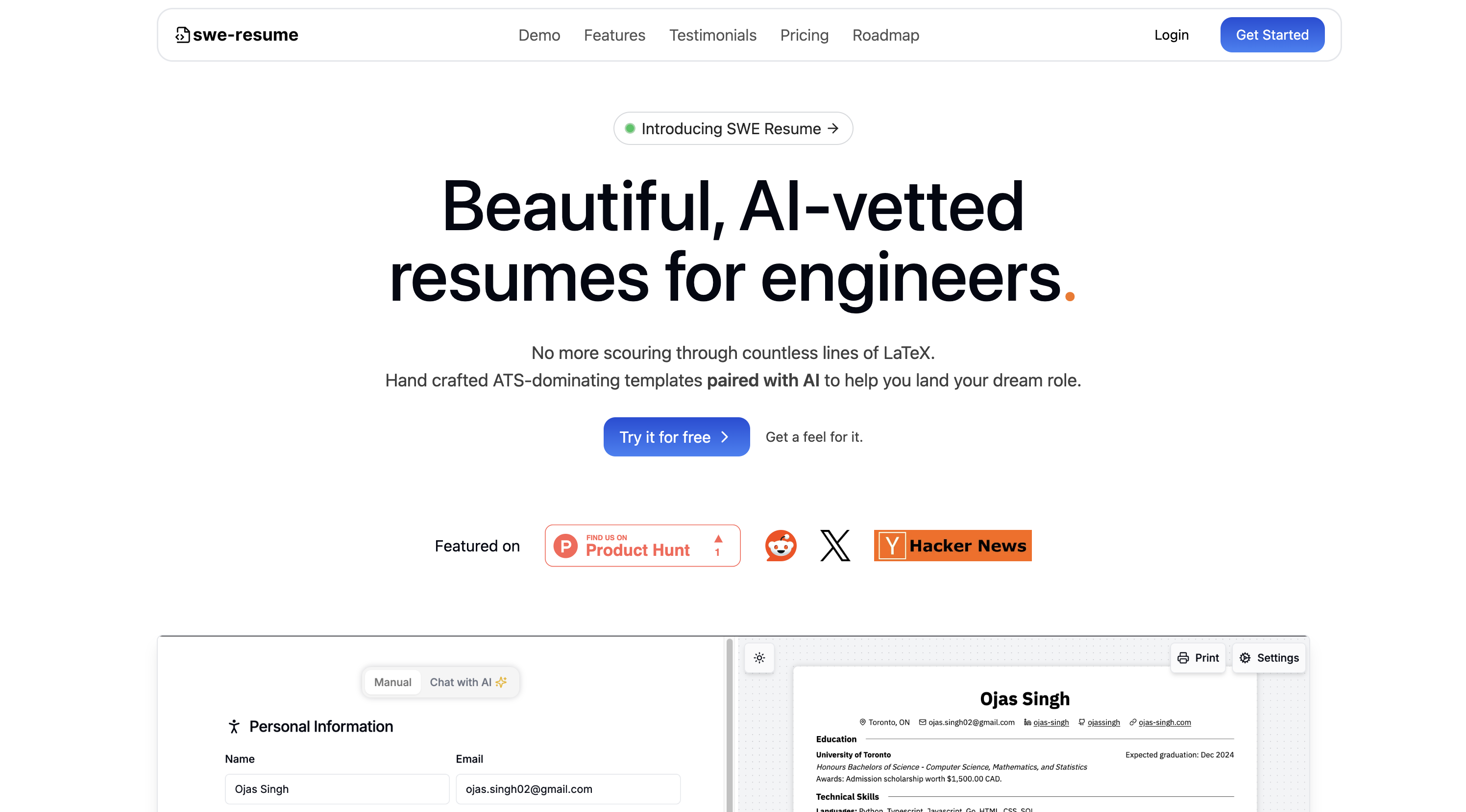 SWE-Resume | AI-Vetted Resume Builder for Software Engineers